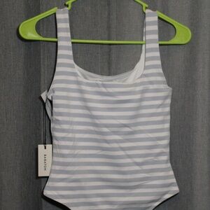 BABATON bodysuit, size small, NWT, white and blue stripes